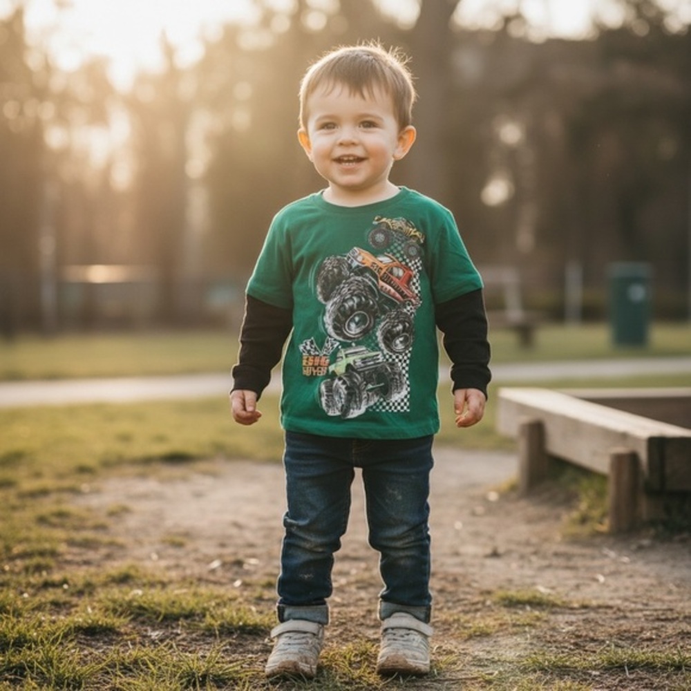 Big Movers Monster Truck Long Sleeve Kids Tee - Green